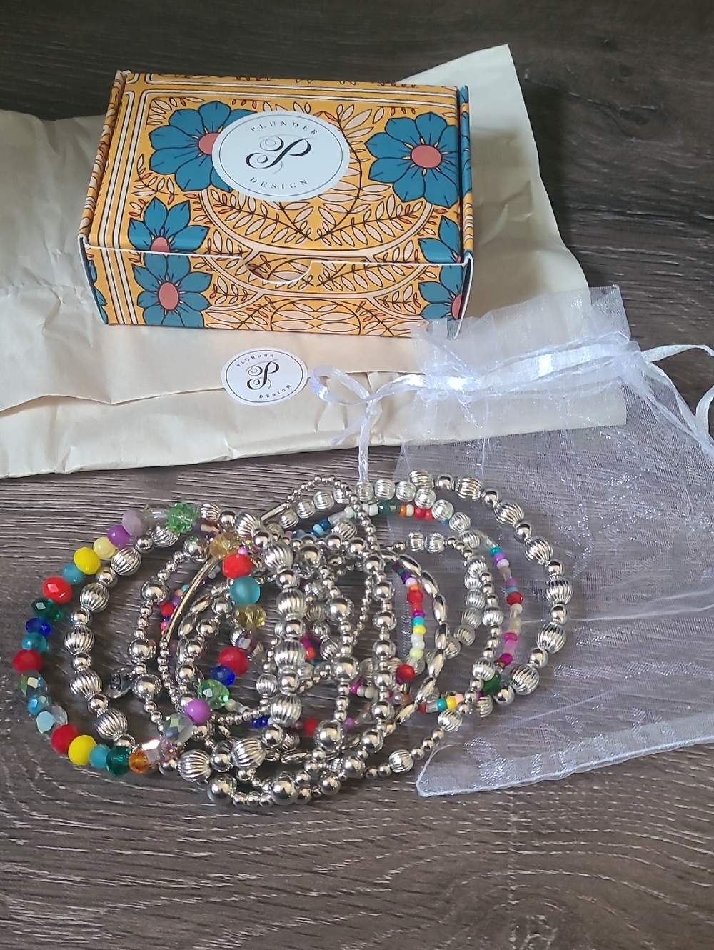 Plunder Beaded Silver-Tone Stackable Bracelets with Multicolor Beads Total Of 11